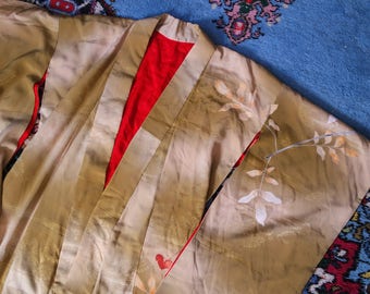 Vintage Raw Silk Kimono - Floral Silk Kimono - Midcentury Kimono