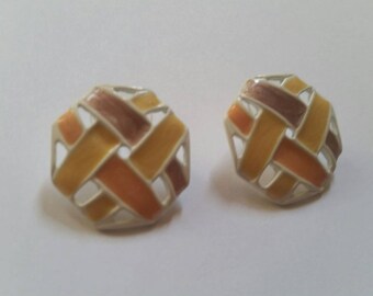 Vintage Enamel Lattice Earrings White Multi-Colored Costume Jewelry