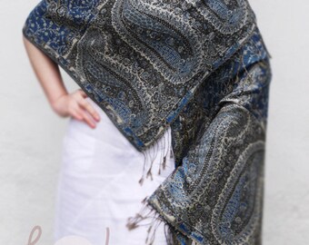 Blue Gray Pashmina Scarf, Pashmina Shawl, Pashmina Scarf, Gray Shawl, Bohemian Scarf, Grey Pashmina Scarf, Blue Pashmina Shawl, Gift For Her