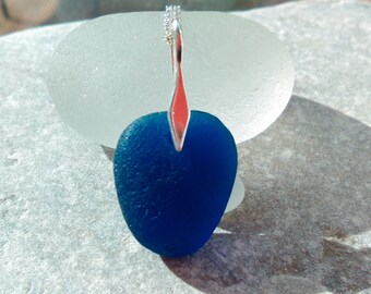 Blue English Sea Glass Pendant Necklace Sterling Silver