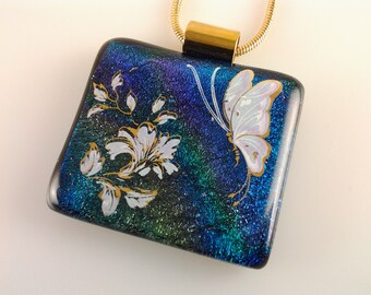 ON SALE - Dichroic Glass Butterfly Pendant, Fused Glass Jewelry, Rainbow Blue Butterfly Necklace