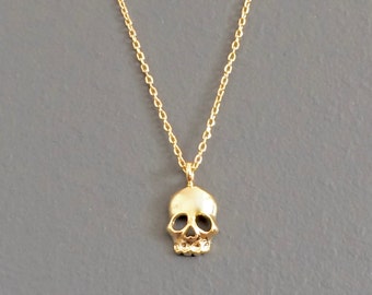 WAS 22.00, gold SKULL pendant necklace, charm, simple, small, everyday, edgy, cool, tiny, gold plated OR gold filled chain