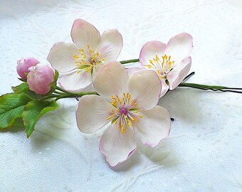 Apple blossom hair pins set-Clay flowers- Flower hair pins - Wedding hair accessories - White flowers for hair