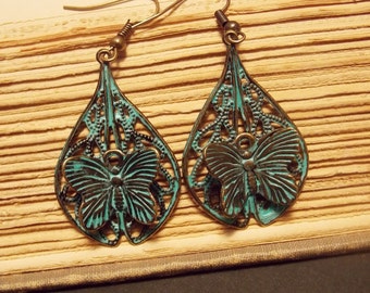 Bronze and Verdigris Butterfly Earrings