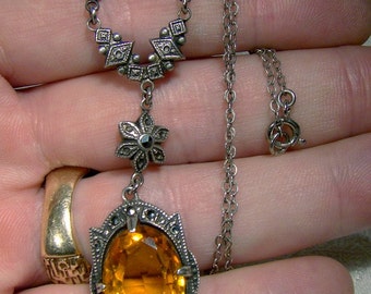 Art Deco Sterling Silver Marcasites Amber Crystal Sautoir Lavaliere Necklace 1920s 17-1/2"