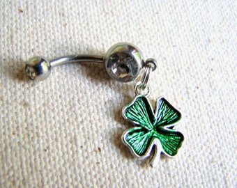 Shamrock Belly Ring, St Patricks Day Four Leaf Clover Charm Irish Belly Button Jewelry