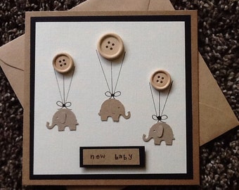 New baby card -baby shower-baby congratulations-baby birth annoucement -buttons-elephant -kraft card