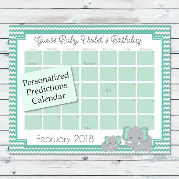 Baby Prediction Calendar Printable Mint And Gray Elephant