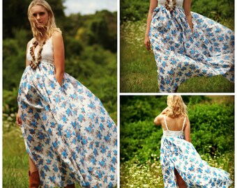 Ready to ship Bohemian maxi dress crochet cotton boho dress halter gypsy dress peasant dress floral long dress hippie dress free spirit