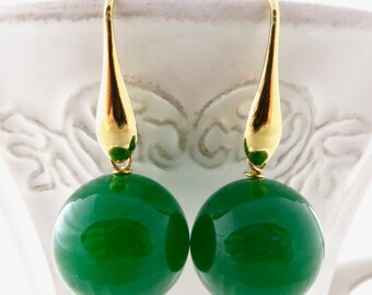 Green jade earrings, green emerald earrings, gemstone earrings, dangle earrings, golden sterling silver 925 earrings, gemstone jewelry