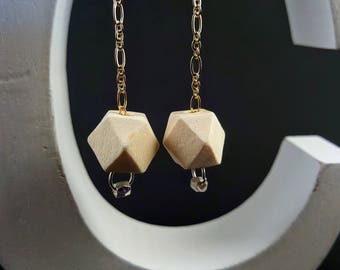 Faceted wood earrings, Gold chain long earrings, Geometric wood earrings