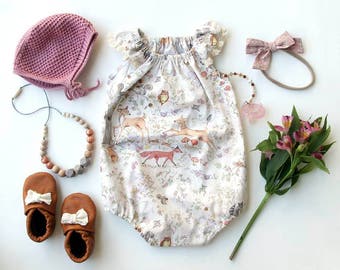 woodland baby romper, bubble romper, baby shower gift, baby girl clothes, newborn baby dress, coming home outfit, fox baby clothes,