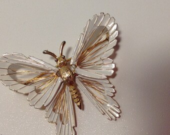 1960s Gold and White Enamel Florentine Butterfly Brooch