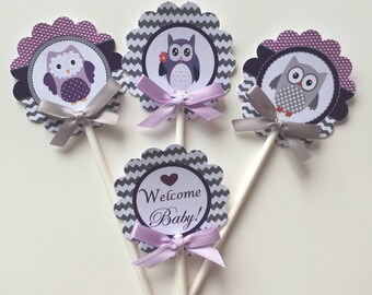 Owl purple and gray cupcake toppers/ Owl cupcake toppers/ baby shower cupcake toppers/Owl cupcake toppers