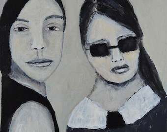 Black & White Acrylic Portrait Painting. Mixed Media Collage Art. Two Women Portrait Art With Muted Colors. Home Wall Decor