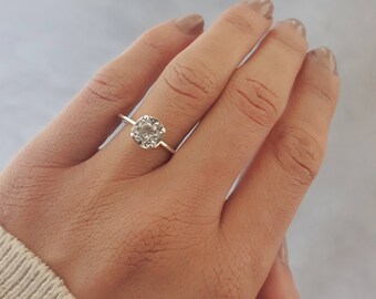 White topaz, engagement ring, dainty ring, 7mm, prong setting, sterling silver, solitaire, crown ring