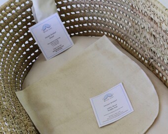 Moses Basket, 100% Organic Cotton Futon, 2 Organic Fitted Sheets and wool puddle pad - choose your fabric