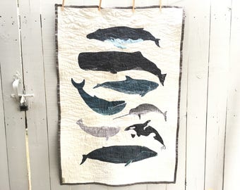 Whale Quilt, Organic Cotton and Natural Linen Quilt, Crib Quilt, Toddler Quilt, Baby Quilt, Ocean, Nautical Style, MADE TO ORDER
