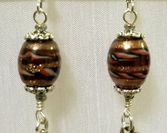 Brown and Gold Barrel Beads with Silver Hearts and Accent Earrings