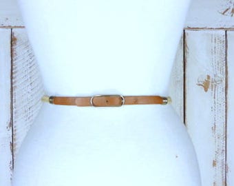 Vintage skinny tan/light brown elastic stretch chord brown leather buckle belt/woven jute twine chord elastic belt
