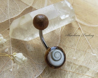 Shiva Eye Shell Belly Bar, Tamarind Wood and Shiva Shell Belly Bar, Naval Bar, Shiva Eye Shell Belly Ring, Tribal Belly Bar