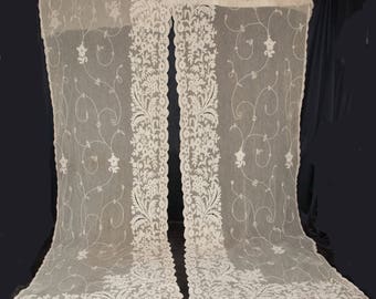 1920's Pair Lace Curtains Long French Net Lace Tambour Floral Embroidery