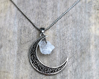 Clear Quartz, Necklace, Crystal necklace, Moon necklace, Quartz necklace quartz pendant, Crescent Moon necklace, moon pendant, zen necklace