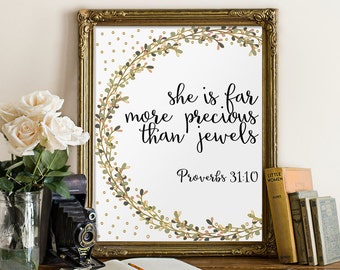 Bible verse, Proverbs 31:10, nursery wall art, She is more precious than jewels, bible verse print, scripture art, home decor, bible BD-527