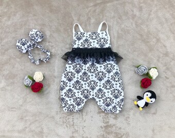 baby girl jumpsuit- baby outfit- baby girl clothing- baby playsuit- cotton- Black & White baby girl jumpsuit
