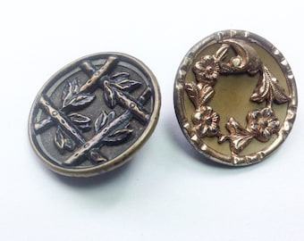 Antique Victorian picture buttons, large size. Victorian picture button with bamboo design and one with flower spay.