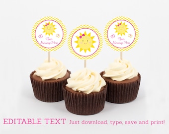 Sunshine Cupcake Toppers / You Are My Sunshine Birthday / Sunshine Birthday Party / INSTANT DOWNLOAD Editable PDF Template A220