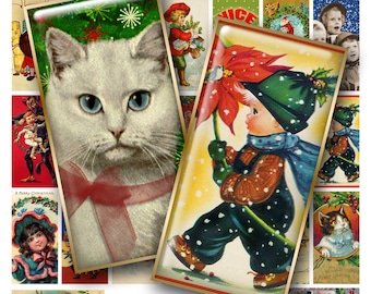 1x2 Inch RETRO CHRISTMAS WHIMSY Digital Printable Domino collage sheet for Pendants Magnets Crafts...cute cats dogs kids santa