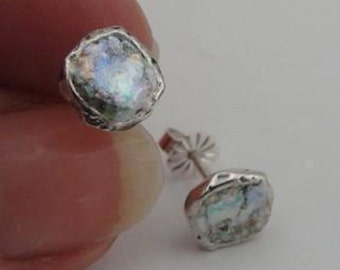 Antique, Elegant 925 Sterling silver Roman Glass stud Earrings, great for gift ! (AS 43)