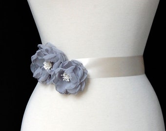 Grey Sash Flowers, Wedding Hair Piece, Bridesmaid Hair Clips, Bridal Accessories - Grey Chiffon