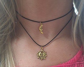 Double Choker Necklace Sun and Moon Gold Charms Choker 90s Black Cord Choker Necklace