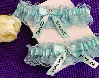 Personalized White lace garter set, Lt. Blue satin bow, double heart rhinestone, Black heat press vinyl, wedding garter, bridal garter set