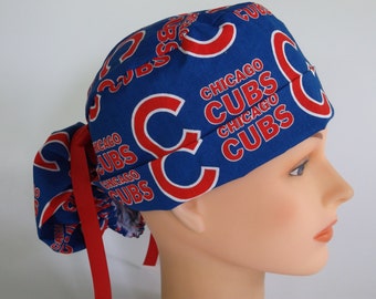 Chicago Cubs Ponytail - Womens lined surgical scrub cap, scrub hat, Nurse surgical cap, F+4270 W