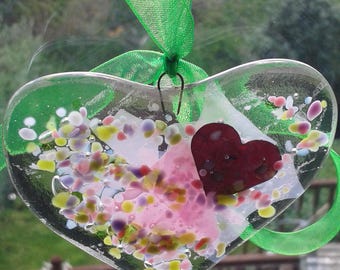 Heart, stocking filler, glass heart, suncatcher. Fused glass heart for your window or your wall. Suncatcher. Glass heart.