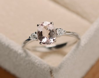 Morganite ring silver, pink gemstone ring, sterling silver, oval morganite ring