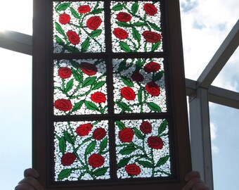 Stained Glass Mosaic Window Wood Cabinet Door Repurpose "Painting the Roses Red"