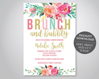 INSTANTLY EDITABLE - Colorful Floral Brunch and Bubbly bridal shower invitation, Bridal Shower, Baby shower, spring shower, OLDP450