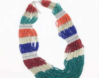 Vintage Multi-Strand Beaded Necklace in Orange, Blue, Red & Green