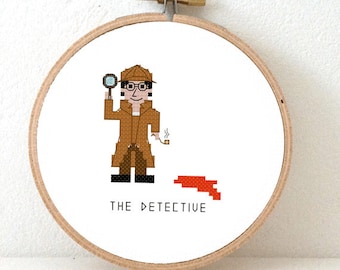 Cross Stitch Kit Detective. Gift for male dectective. Sherlock holmes cross stitch. Counted cross stitch kit including embroidery hoop.