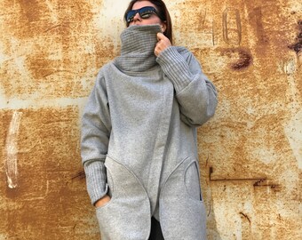 Wool Coat, Winter Coat, Bohemian Clothing, Gray Coat, High Collar Coat, Fall Winter Clothing, Wrap Coat, Elegant Coat, Warm Coat, Women Coat