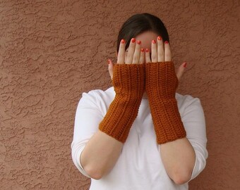 Rust Orange Fingerless Gloves for Men or Women - Crochet Fingerless Gloves, Arm Warmers, Wrist Warmers, Fingerless Mittens - READY TO SHIP