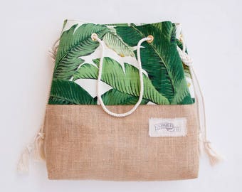Palm Print Burlap Beach Bag The Sandbag in Green Banana Leaf Jute