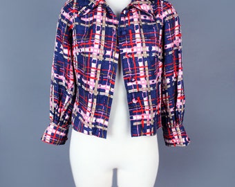 1960's Silk Plaid Vintage Jacket Blue and Pink - Long Sleeves, Classic Jean jacket syle, Size Medium