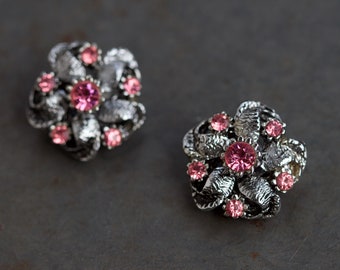Pink Clip on Earrings - Silver Toned Rosettes - Vintage Cocktail Jewelry