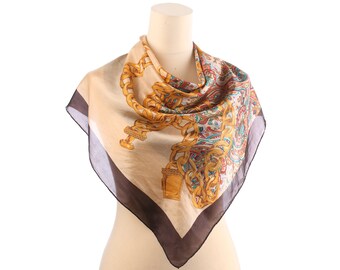 Beige Silk Scarf 90s Royal Sheer Gold Chains Print Shawl Paisley Bohemian Beige Gold Brown Luxury Neckwear Retro Golden Printed Gift Urban