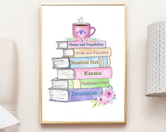 Jane Austen Print, Gifts for Book Lovers, Book Spine Of All Books, Pride and Prejudice, Persuasion, Emma UNFRAMED A4
